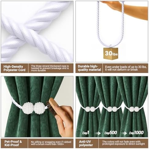 Hion Magnetic Curtain Tiebacks White 6pcs, Curtain Holdbacks Hooks Holders