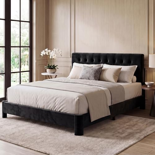 Full Size Bed Frame with Headboard, Luxury Velvet Fabric Upholstered Bed frame with Button Tufted Design, Strong Wooden Slats Support - Low & Sturdy, Noise-Free, No Box Spring, Easy Assembly, Black