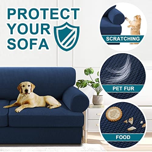 Turquoize 4 Piece T Cushion Sofa Slipcovers Stretch Couch Cover Furniture Covers with 3 Individual T Cushion Covers, Machine Washable (3 Cushion Sofa, Navy)
