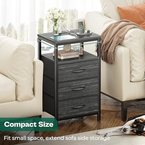 Huuger Nightstand with Charging Station, 27.6 Inch Bedside Table,Side Table