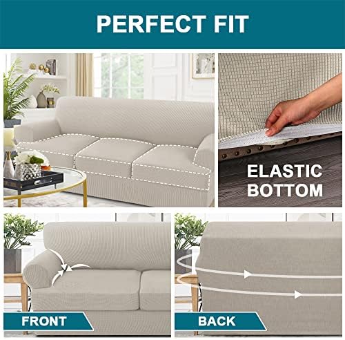 Turquoize 4 Piece T Cushion Sofa Slipcovers Stretch Couch Cover Furniture Covers with 3 Individual T Cushion Covers, Washable (3 Cushion Sofa,Island Fossi)