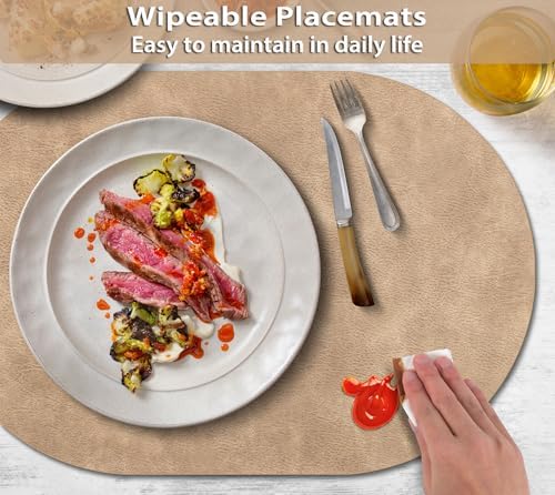 ADRIMER Oval Placemats Set of 12, Wipeable Faux Leather, Apricot