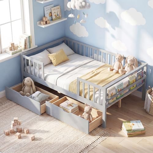 KOMFOTT Full Bed Frame with Rails, Wood Daybed with Side Shelf & 2 Storage Drawers, Platform Bed with Guardrail & Wooden Slat Support for Kids Teens, No Box Spring Needed (Full,Grey)
