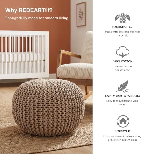 · REDEARTH · Round Pouf Ottoman - Hand Knitted Boho Poof Footrest - Beige