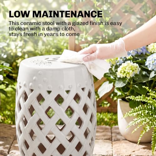 Outsunny 12.5" x 18" Ceramic Garden Stool Outdoor Stool Woven Lattice White