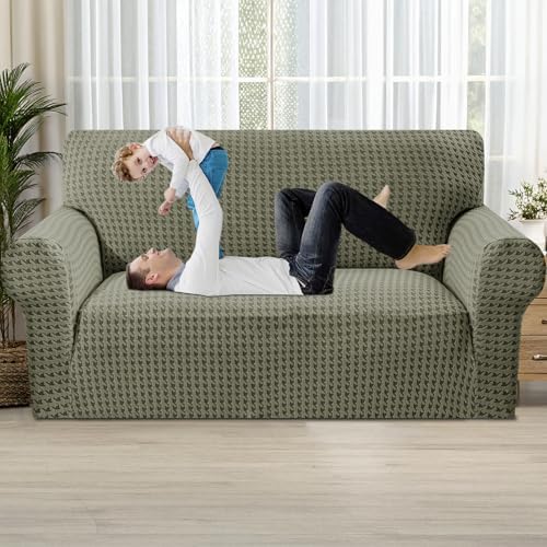 MAXIJIN Stretch Loveseat Couch Cover for 2 Cushion Couch (55"-69" Washable Sofa Slipcovers with Non-Slip Foam & Elastic Strap, Dog Cat Pet Friendly Furniture Protector (Medium, Army Green)
