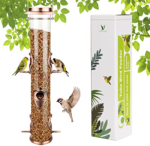 MIXXIDEA 1PK Metal Wild Bird Feeder,Squirrel Proof Bird Feeders for Outside,Hanging 6 Port Tube Bird Feeder,Finch Bird Feeder for Attracting Birds in Your Lawn, Garden, Balcony-Antique Copper