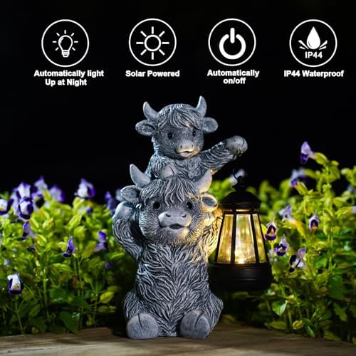 Goodeco Highland Cow with Solar Lantern Garden Statue
