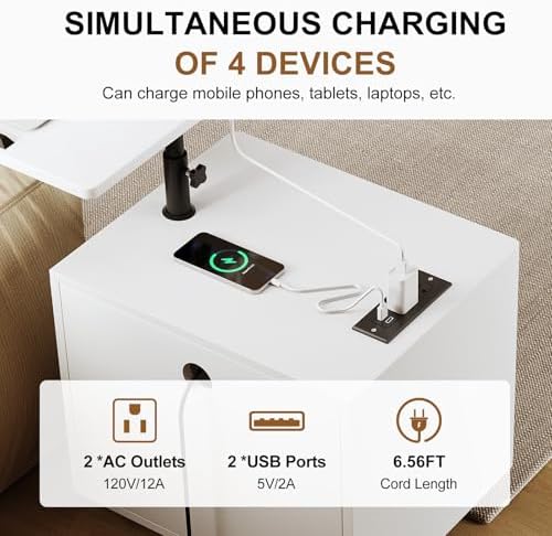 Bedroom Nightstand with Drawers & Charging Station, Adjustable Height Bedside Table with Wheels, Wooden Small Sofa Side Tables with Storage for Living Room, White