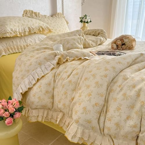 Aesthetic 100 Cotton 2 Layer Muslin Duvet Cover Set 3 Pcs(1 King Size Duvet Cover with 2 Pillowcases),Yellow Bedding Set with Zipper Ties,Lightweight Breathable Comforter Covers 104"×90"