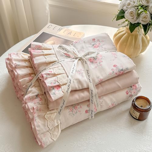Pink Flower Duvet Cover Set Muslin Cotton Queen(90"x90"),Rose