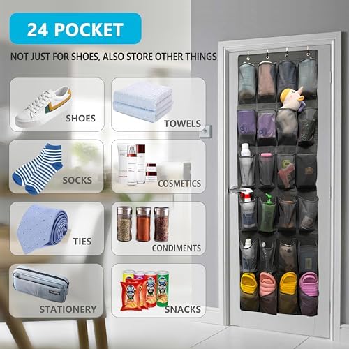 Over The Door Shoe Organizer with 24 Large Breathable Mesh Pockets Sturdy Closet Door Shoe Storage Holder Hanging SimpleHouseware Men Women Kids Shoe Holder for Rack (Black)