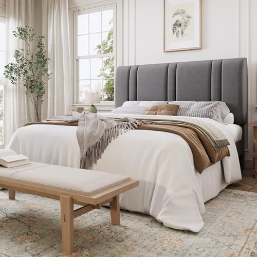 SHA CERLIN Full Size Velvet Bed Frame with Adjustable Headboard, Grey