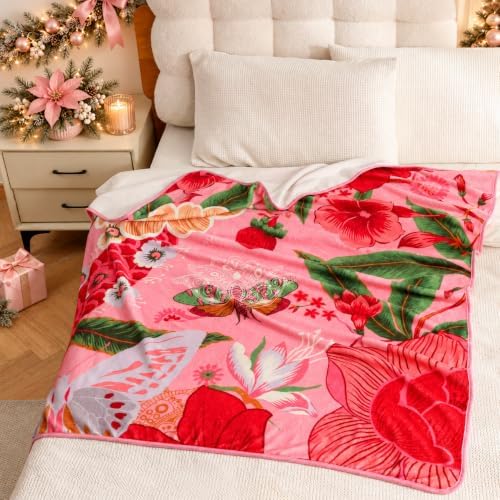 Tyrot Pink Boho Floral Christmas Flannel Fleece Throw Blanket – Soft, Warm & Lightweight Fuzzy Blanket for Couch, Bed, or Sofa Decor, Cute Botanical Design for Women & Girls, 50''x60''