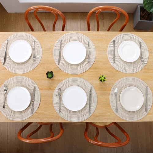 SHACOS Round Placemats Set of 6 Braided Circle Place Mat Washable 15 inch Table Mats for Kitchen Dining Table Decor Mixed Color (Ivory, 6)