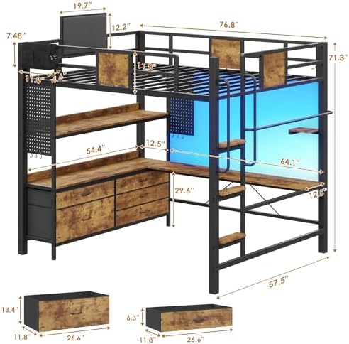 Full Loft Bed with Desk and 5 Storage Drawers, Rustic Brown