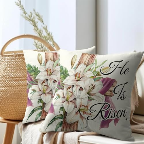 Easter Throw Pillow Covers 20x20 Inch Set of 2 He is Risen Cushion Case Spring Lily Flower Cotton Linen Square Pillowcases Happy Easter Pillows Protector for Home Sofa Party Couch Bed