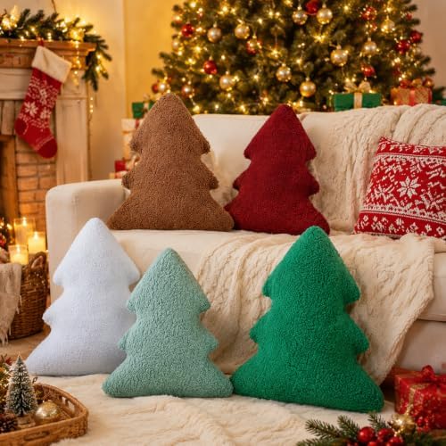 Cumule 5 Pcs Christmas Throw Pillows Cute Xmas Tree Shaped Plush Pillow for Christmas Winter Holiday Party Outdoor Bedroom Cushion Decoration
