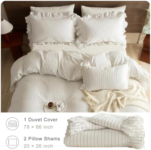 Striped Ruffle Duvet Cover Set Full Size,3PCs White Dark Grey Wide Stripes Ruffled Bedding Comforter Cover Ultra Soft Breathable Washed Cotton Quilt Cover Set Full with Pillow Shams