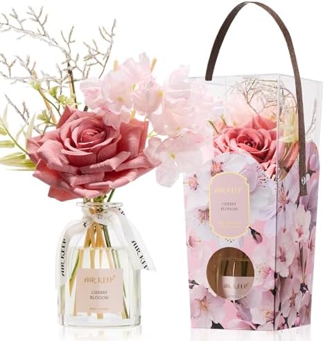 Airkeep Flower Reed Diffuser Set, Cherry Blossom Diffuser Gift Set,4.06 fl oz Essential Oil Sticks Diffusers for Bathroom Air Freshener, Aromatherapy Home Fragrance for Shelf Decor,Gift for Women Mom