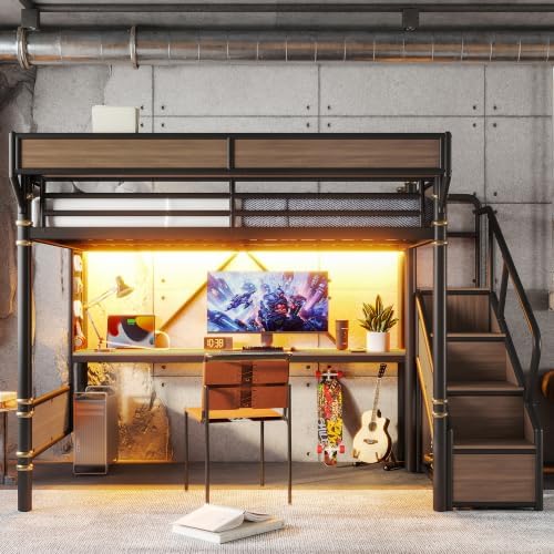 Bellemave Queen Metal Loft Bed with Stairs and Desk for Kids,Adults,Black