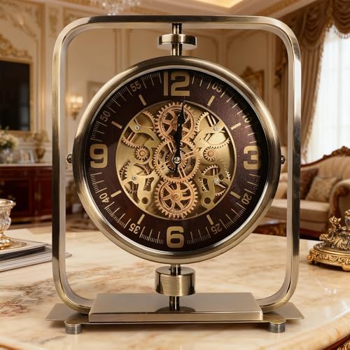 Moving Gears Desk Clock, Mantle Clock, Industrial Steampunk Art Decorative Clocks for Living Room Farmhouse Offcie, Christams Gifts Ideas for Father Boss Senior Friend (12.1inch Bronze Arabic)