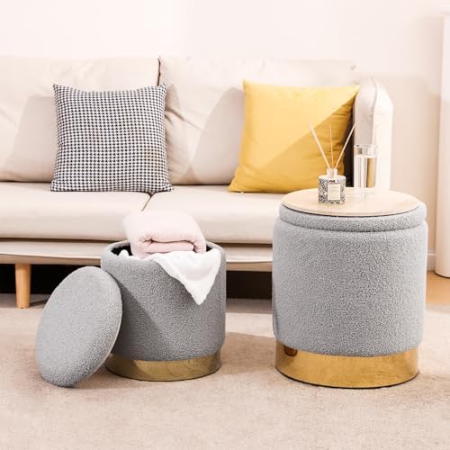 YYW HOME Round Ottoman with Storage Set of 2 Gray Sherpa Vanity Stool