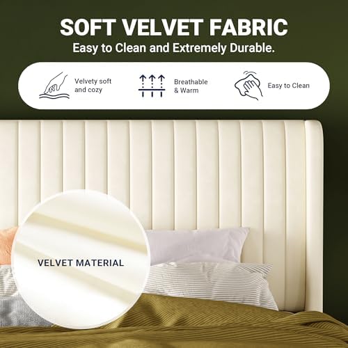 Allewie Full Size Velvet Bed Frame, Upholstered Wingback Headboard, Cream