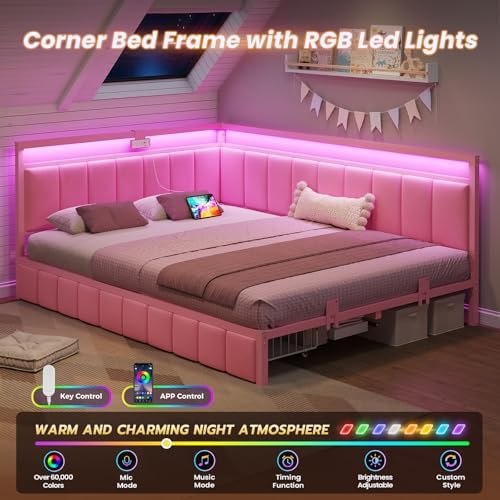 DICTAC Full Corner Bed Frame with 2 Storage Drawers and Charging Station Full Size Velvet Platform Bed Frame for Girls with Led Lights and Upholstered Guardrail,Full Size Daybed for Teen &Adult,Pink