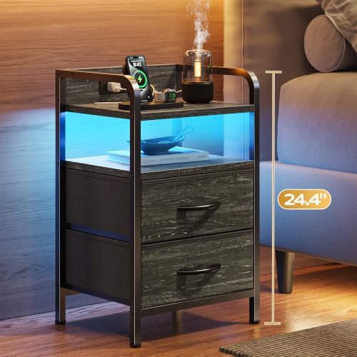 Huuger Nightstands Set of 2, Night Stand with LED Lights, Charging Station
