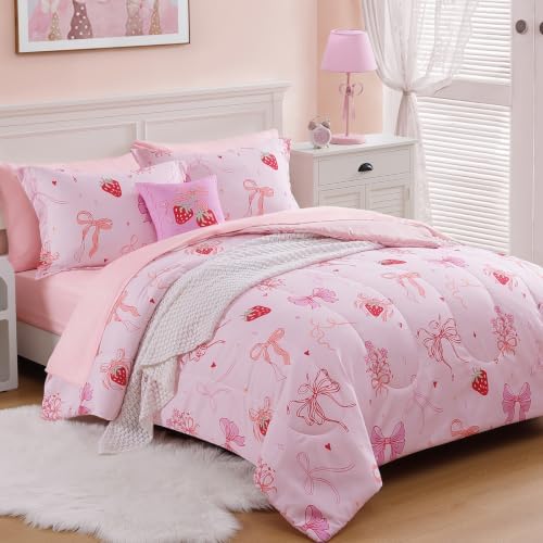 Queen Size Comforter Set for Girls-4 Pieces Pink Bow Queen Bedding Sets