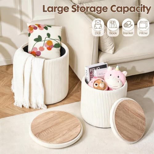 Round Ottoman with Storage Set of 2 White Vanity Stool with Tray