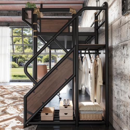 Bellemave Twin XL Metal Loft Bed with Stairs and Desk for Kids,Adult,Black