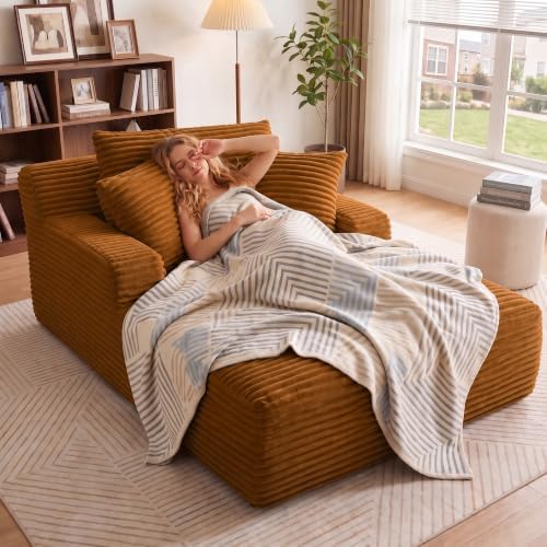 66" Chaise Lounge Chair Indoor, Corduroy Upholstered Reading Chair Oversized Boneless Chair with Deep Seat, Cloud Lounge Chair with 3 Pillows for Living Room, Bedroom, No Assembly Required