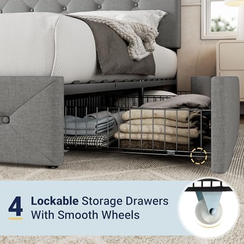 Allewie King Size Storage Bed Frame with 4 Underbed Drawers, Upholstered Platform Bed with Adjustable Headboard, Diamond Button Tufted, Easy Assembly, Noise-Free, No Box Spring Needed, Light Grey