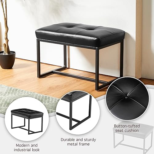 Glitzhome Ottoman Bench, Modern PU Leather Vanity Stools Chairs with Metal Frame, Makeup Stool Padded Foot Rest Stool for Living Room Vanity, Entryway, Bathroom, Black