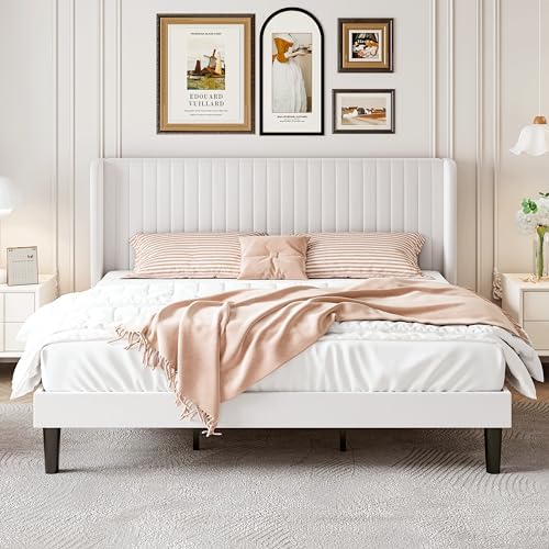 SHA CERLIN King Size Velvet Bed Frame, Tufted Wingback Headboard, White