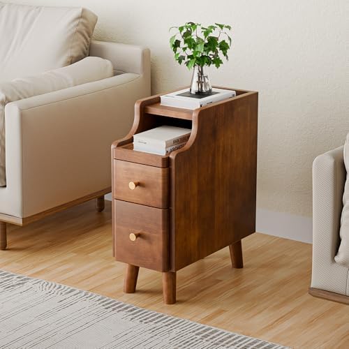 Nightstand, Pre-Assembled, 19.7“H Solid Wood Night Stand with 2 Drawers, Open Sliding Shelf, Mid Century Modern Small Bedside Table for Bedroom, Walnut 8"