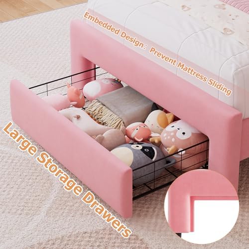 Twin Upholstered LED Bed Frame with Storage Drawer and Adjustable Chic Double Wavy Headboard, Velvet Princess Platform Bed for Girls/Kids, Solid Wood Slats Support, No Box Spring Needed, Pink
