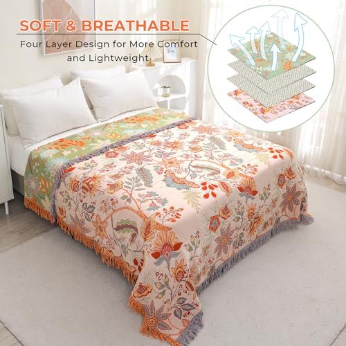 Floral Rustic Large Boho Throw Blanket 90"x98" Orange&Sage Green