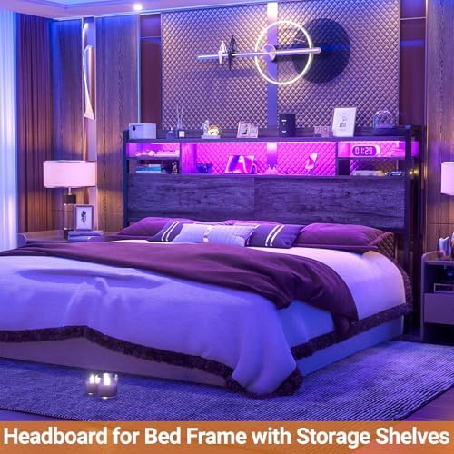 Aheaplus Headboard for King Size Bed with Storage and Outlets, Black Oak