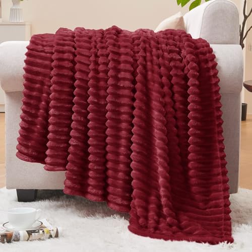 BEDELITE 3D Ribbed Burgundy Fleece Throw Blanket for Couch, 50x70 Inch