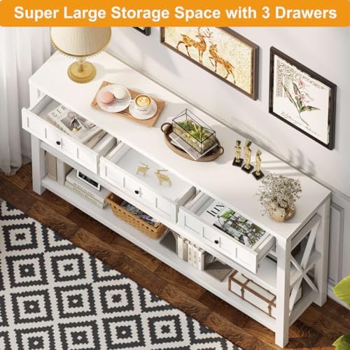 FATORRI Console Table for Entryway, 54.72 Inch Long Wood and Metal Sofa Table with 3 Drawers for Living Room, Farmhouse Hallway Tables and Modern Couch Tables Behind Sofa, White Oak