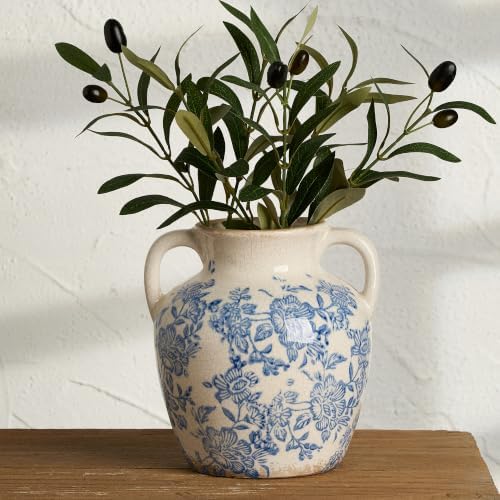 Ceramic Vase with Handles, Vintage Utensil Holder, Flower Decorative Vase Chinoiserie Decor Rustic Farmhouse Retro Floral Vases for Table Bookshelf Mantel Kitchen Living Room Office - 6.7” Blue 018
