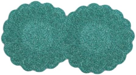 Lightnpro Handmade Beaded Placemats Set of 2 – 13 Inch Teal Round Scalloped Charger Mats, Elegant Teal Table Décor for Dining, Parties & Weddings | Handcrafted Artisan Beadwork Table Accessories