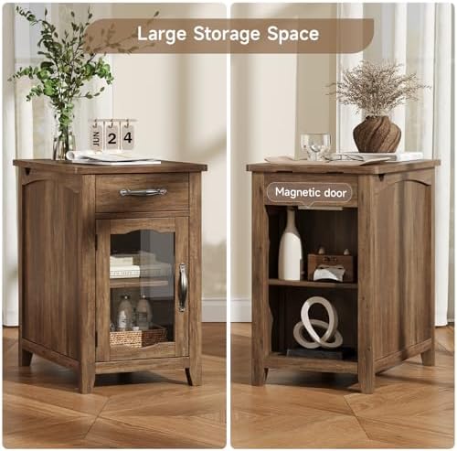 ONBRILL Rustic End Table with Charging Station, Narrow Side Table, Brown
