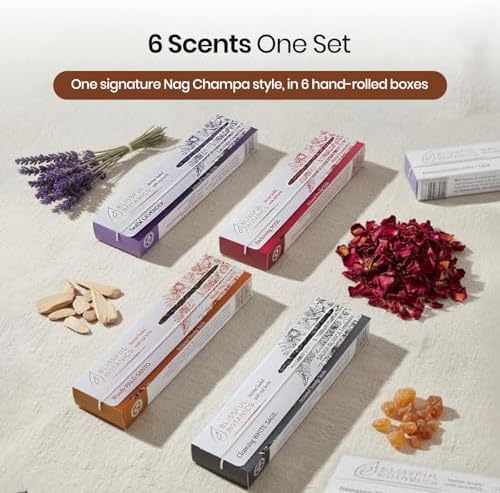 Tulasi Smudge Incense Sticks Gift Pack – 6 Scents x 40g Each – White Sage, Palo Santo, Lavender, Frankincense, Sandalwood, Rose - 48 Natural Herbal Incense for Yoga, Meditation