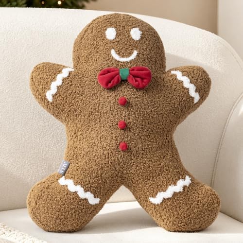 AELS Gingerbread Man Pillow with Bow, 17.7" Christmas Throw Pillow