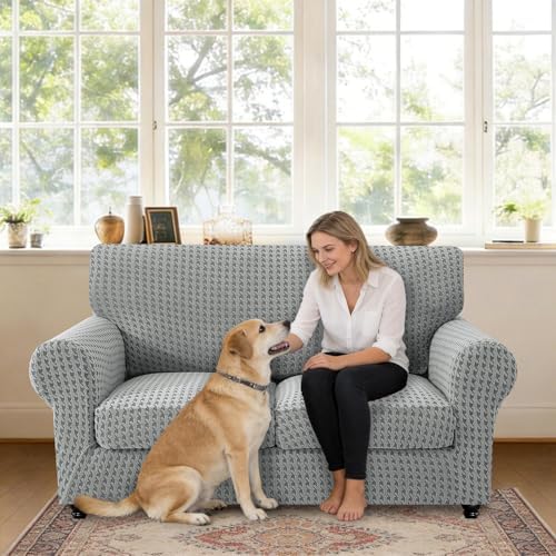 MAXIJIN 3 Pieces Stretch Sofa Covers for 2 Cushion Couch Loveseat Cover for Dogs Washable Love Seat Sofa Slipcovers Thick Soft Furniture Protector with Non Slip Strap (Light Gray, 55"-69")