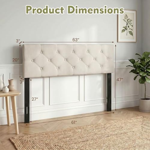 GIANTEX Linen Upholstered Headboard, Queen/Full Size Button Tufted Linen Fabric Head Board with Wood Support Legs, Attach Frame, Width Adjustable Modern Bed Headboard Only (Beige)